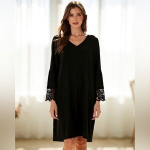 MSK Black Shift Dress V-Neck Lace Bell Sleeves Size L